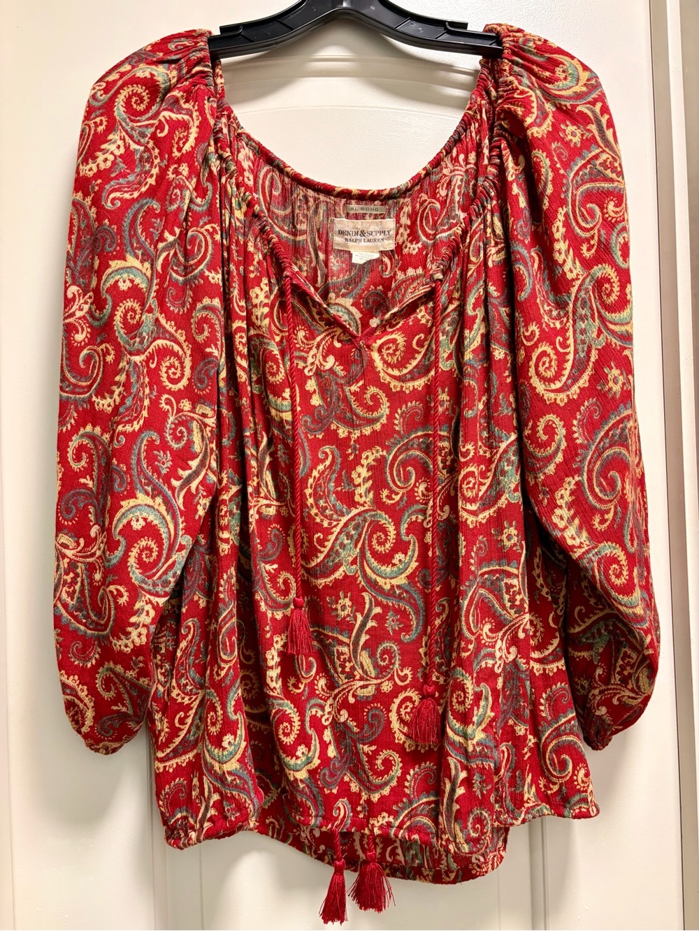 Denim & Supply Ralph Lauren RL Boho Paisley Peasant Y2K Adjustable Blouse Red L
